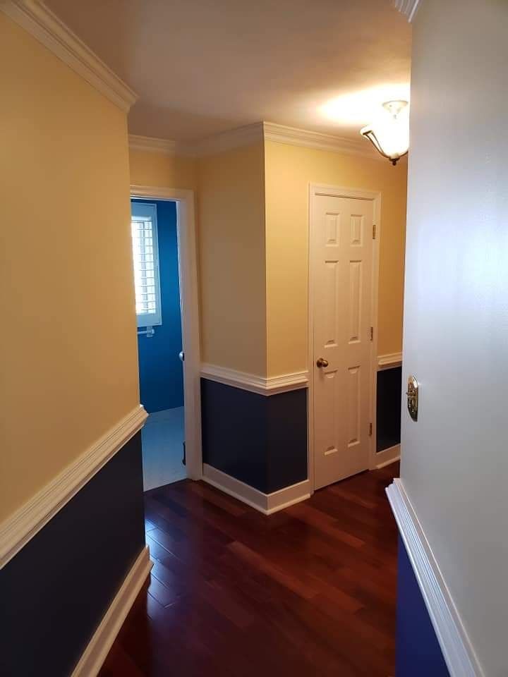 Narrow hallway with cream and navy walls, dark wood floor, and a white closet door.