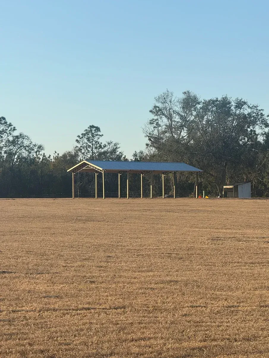 Open-air shelter with white columns, blue roof, in a field, with trees and a blue sky.