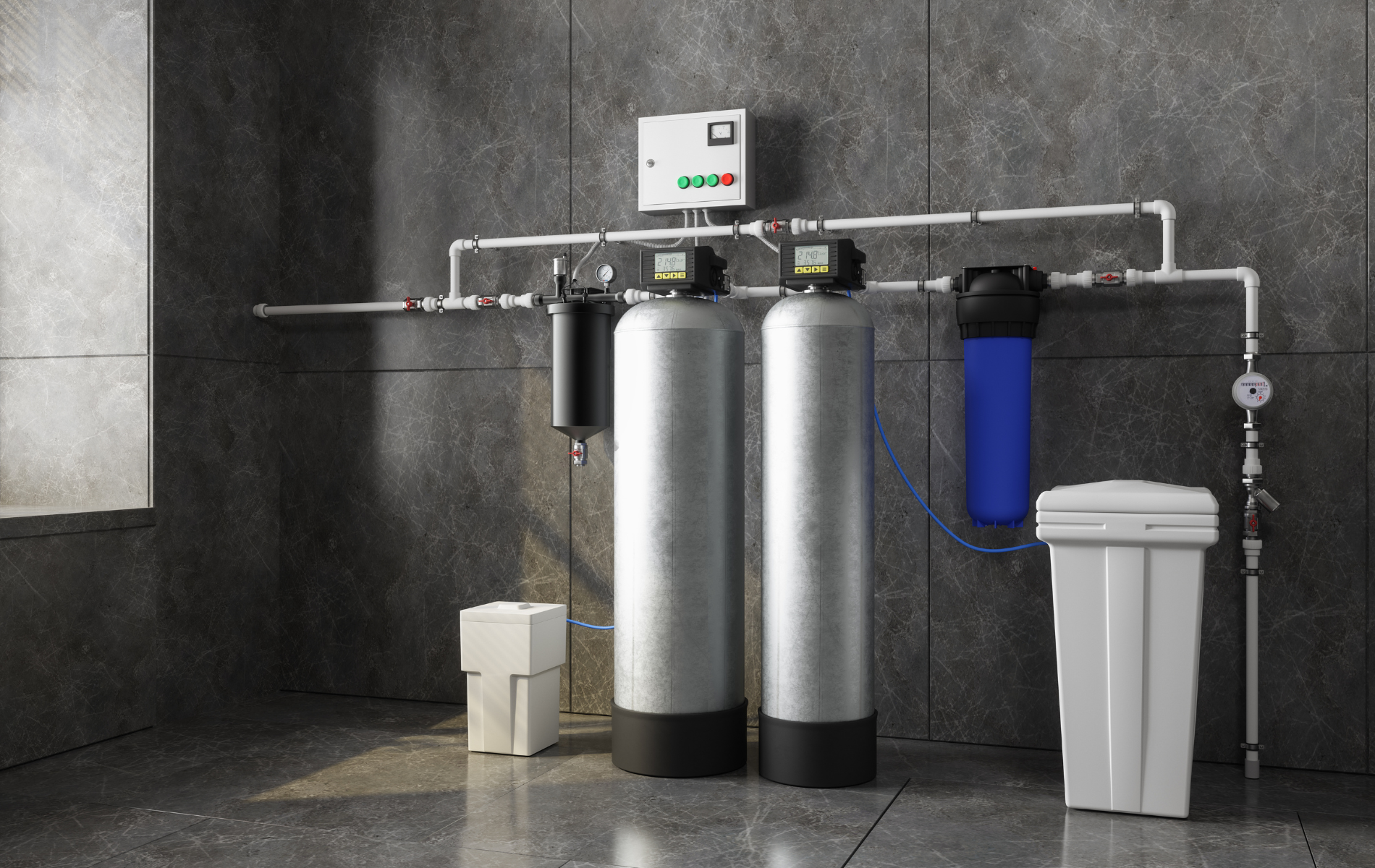 Two water filters are sitting next to each other in a room.