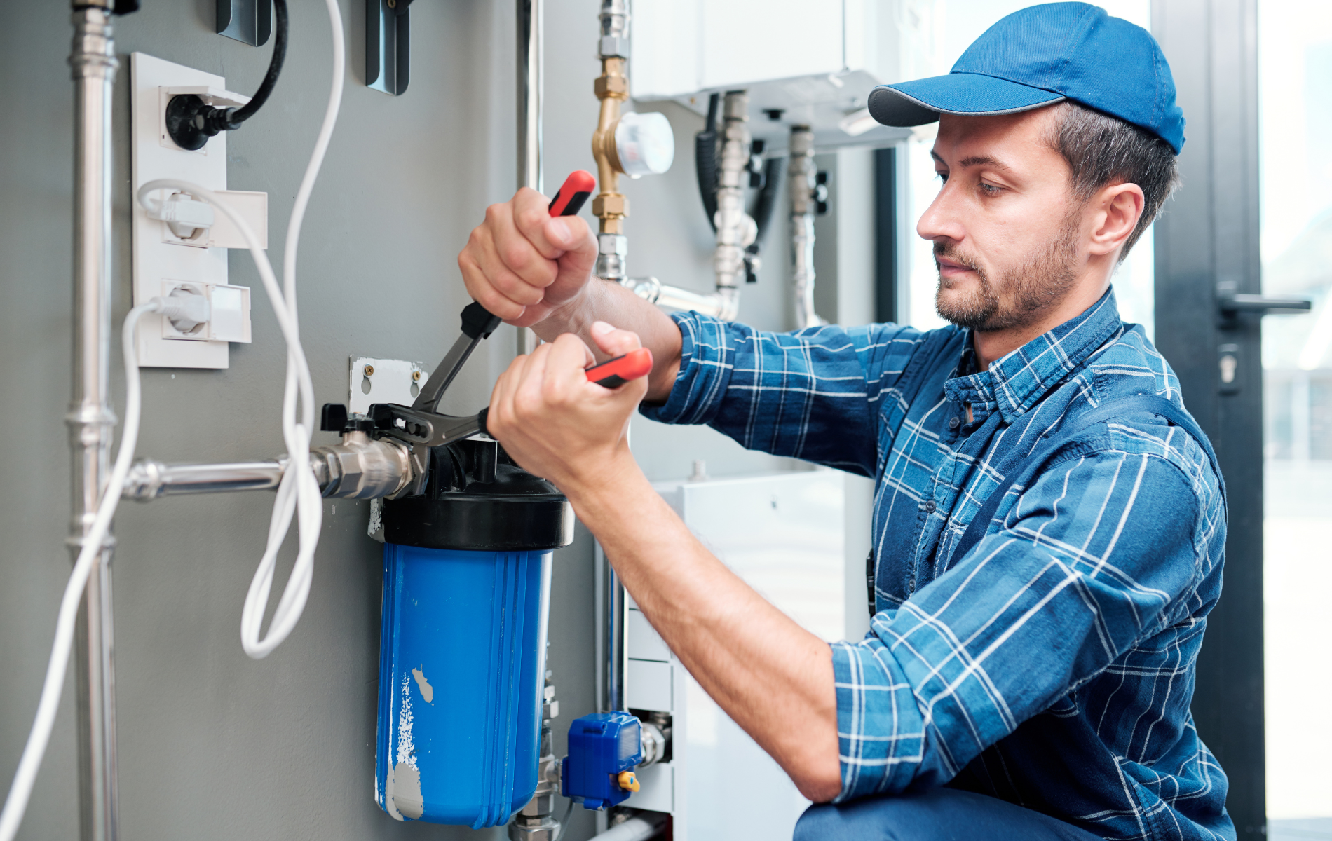 A man is fixing a water filter with a wrench.
