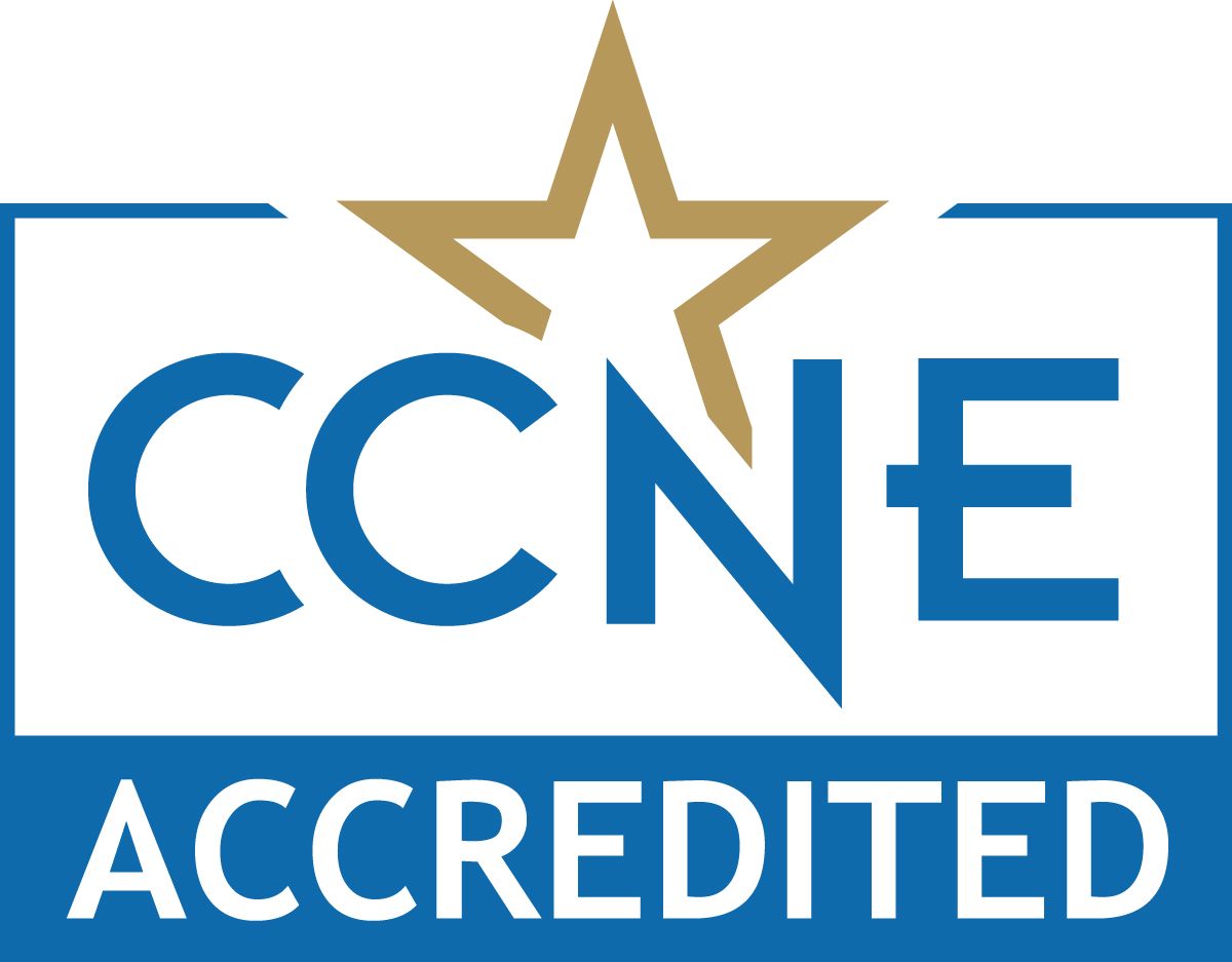 A blue and white logo that says ccne accredited