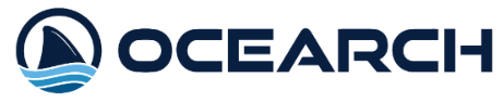 A logo for OCEARCH with a boat in the middle of the ocean.
