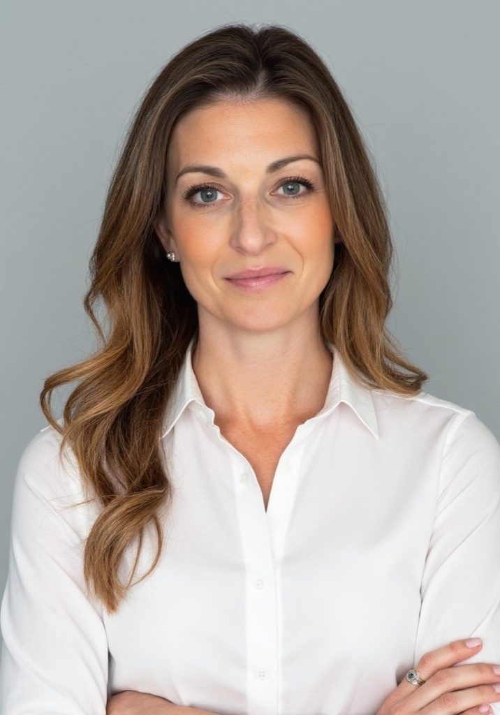 Woman with brown hair in a white shirt, smiling slightly, arms crossed, in front of a gray background.
