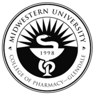 Midwestern University College of Pharmacy-Glendale seal with a caduceus, year 1998.