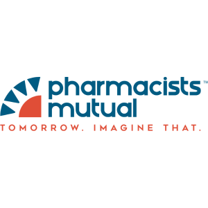 Logo of Pharmacists Mutual Insurance Company, with blue and orange sunburst and text.