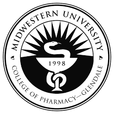 Midwestern University College of Pharmacy logo: White serpent and bowl emblem, with radiating lines and university text.