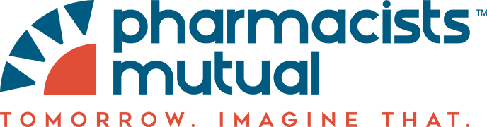 Logo for Pharmacists Mutual: blue and orange sunburst, text in blue: pharmacists mutual, tagline
