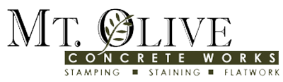 Logo for Mt. Olive Concrete Works. Includes text and olive branch design. Below: Stamping, Staining, Flatwork.