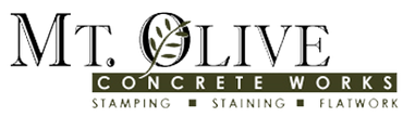 Logo for Mt. Olive Concrete Works. Includes text and olive branch design. Below: Stamping, Staining, Flatwork.