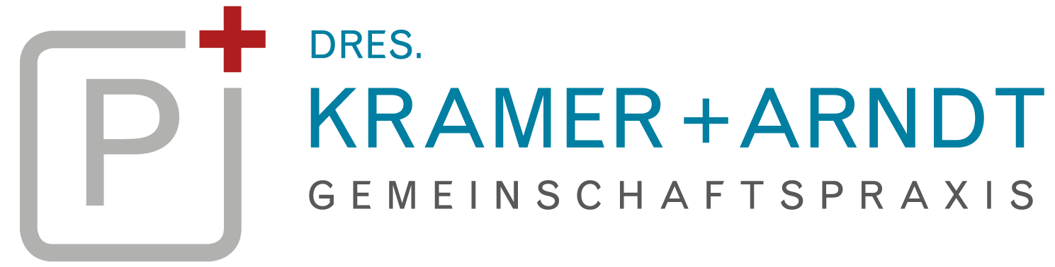 Logo Kramer und Arndt Gemeinschaftspraxis in blau mit einem grauen Viereck mit abgerundeten Ecken und einem roten Kreuz oben