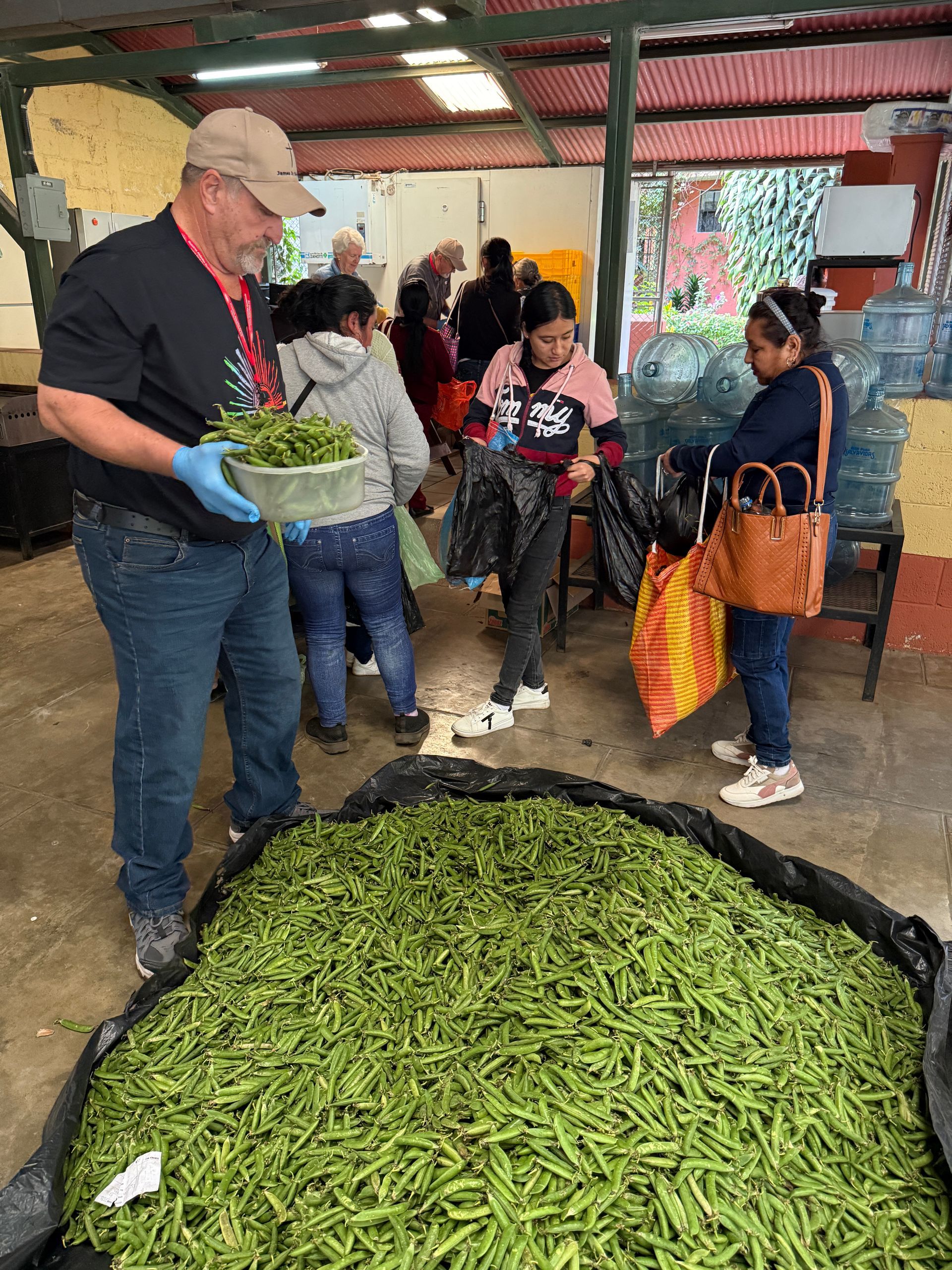 A group of people are standing around a pile of green beans.