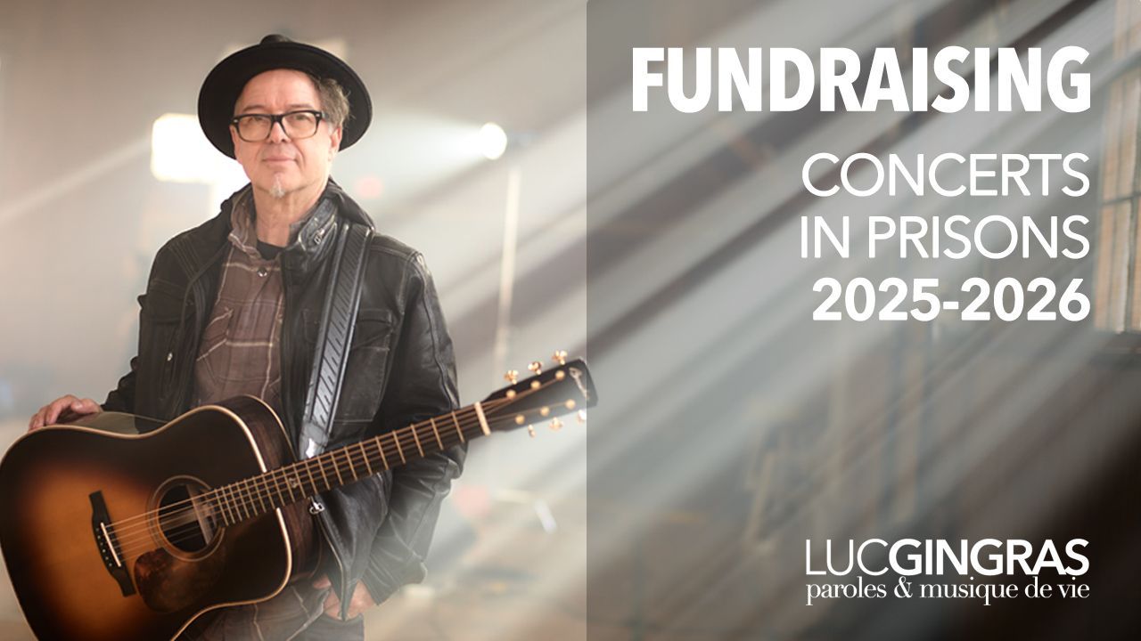 A man is holding a guitar in front of a sign that says fundraising concerts in prisons 2025-2026