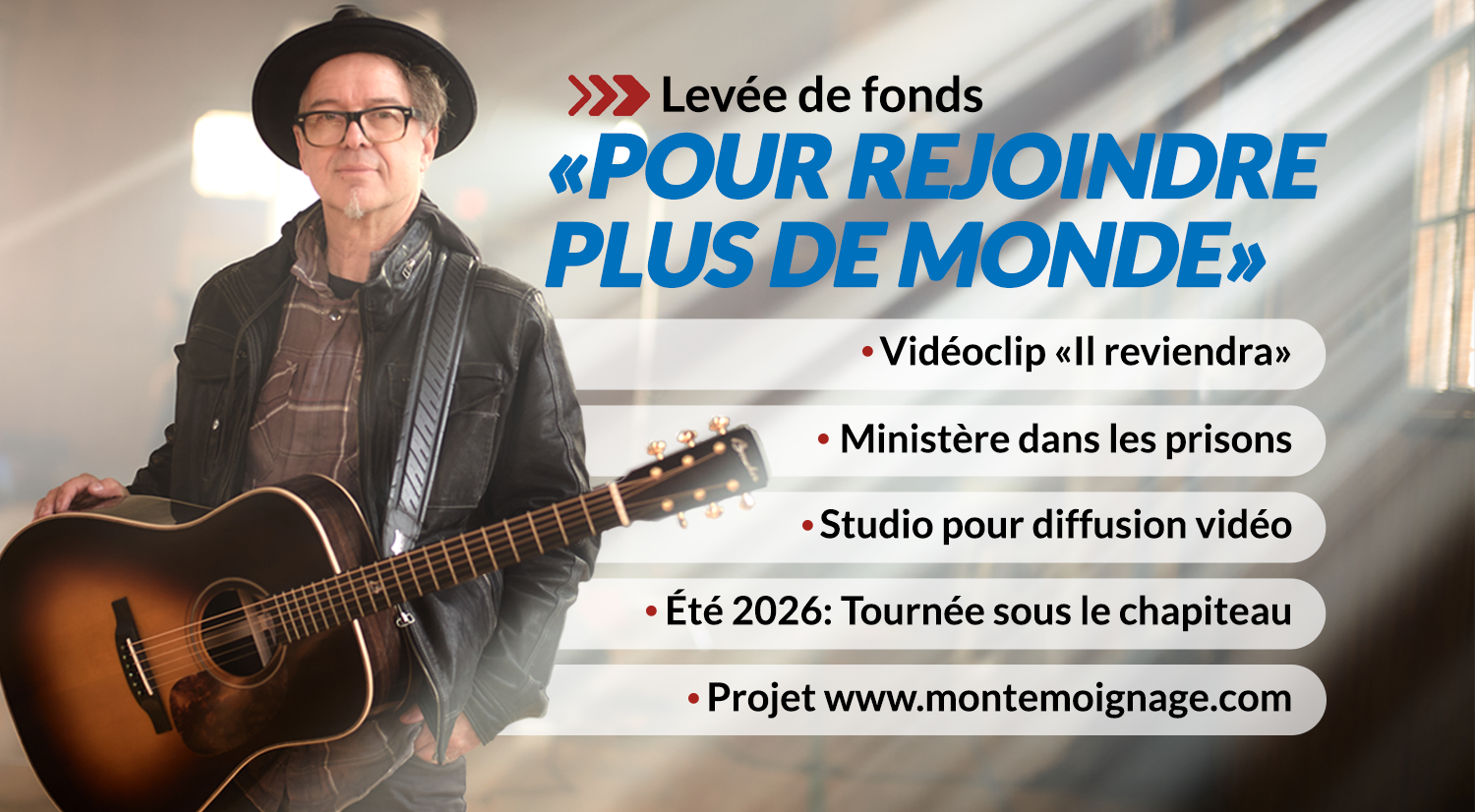 A man is holding a guitar in front of a sign that says fundraising concerts in prisons 2025-2026