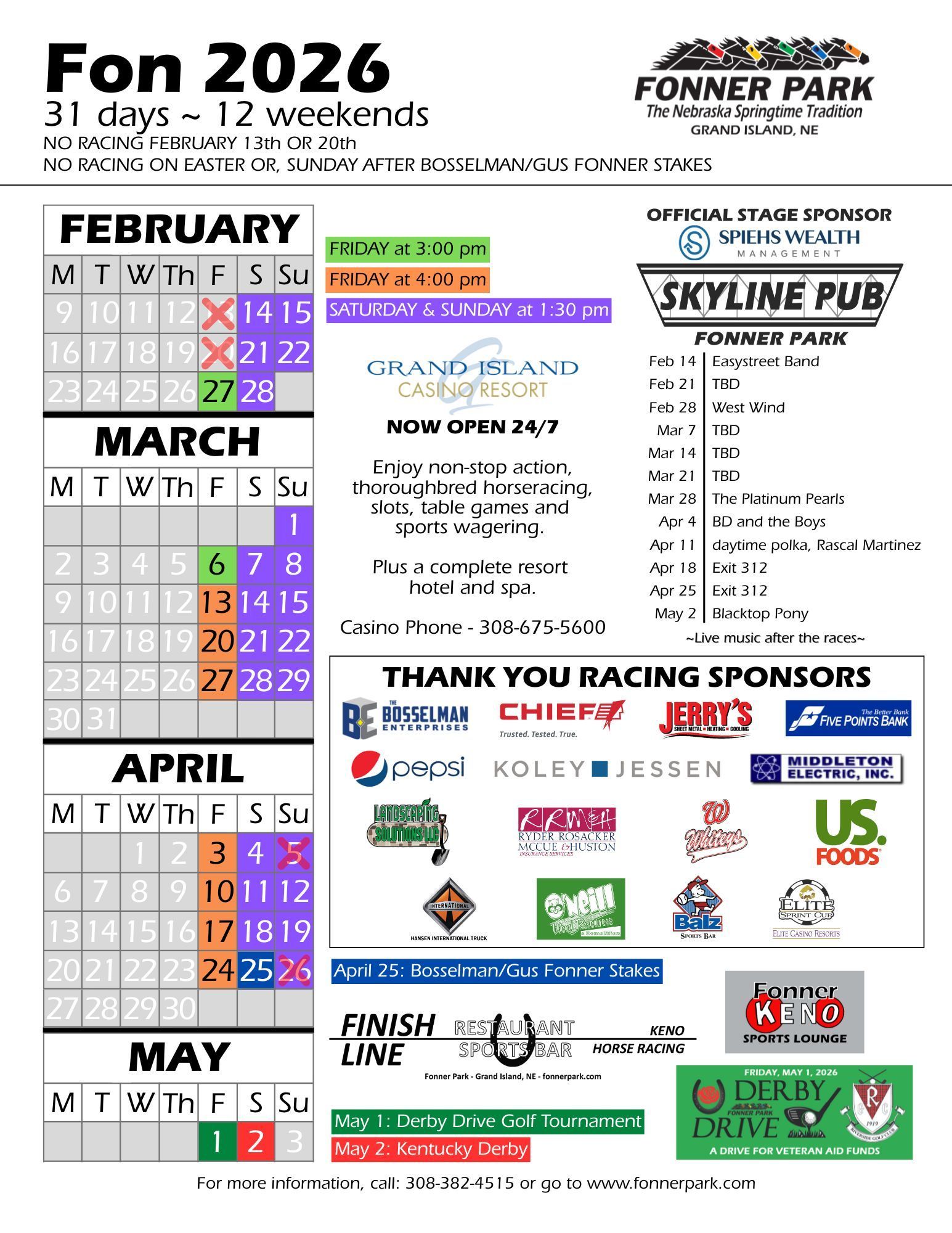 A calendar for fonner park for the year 2025
