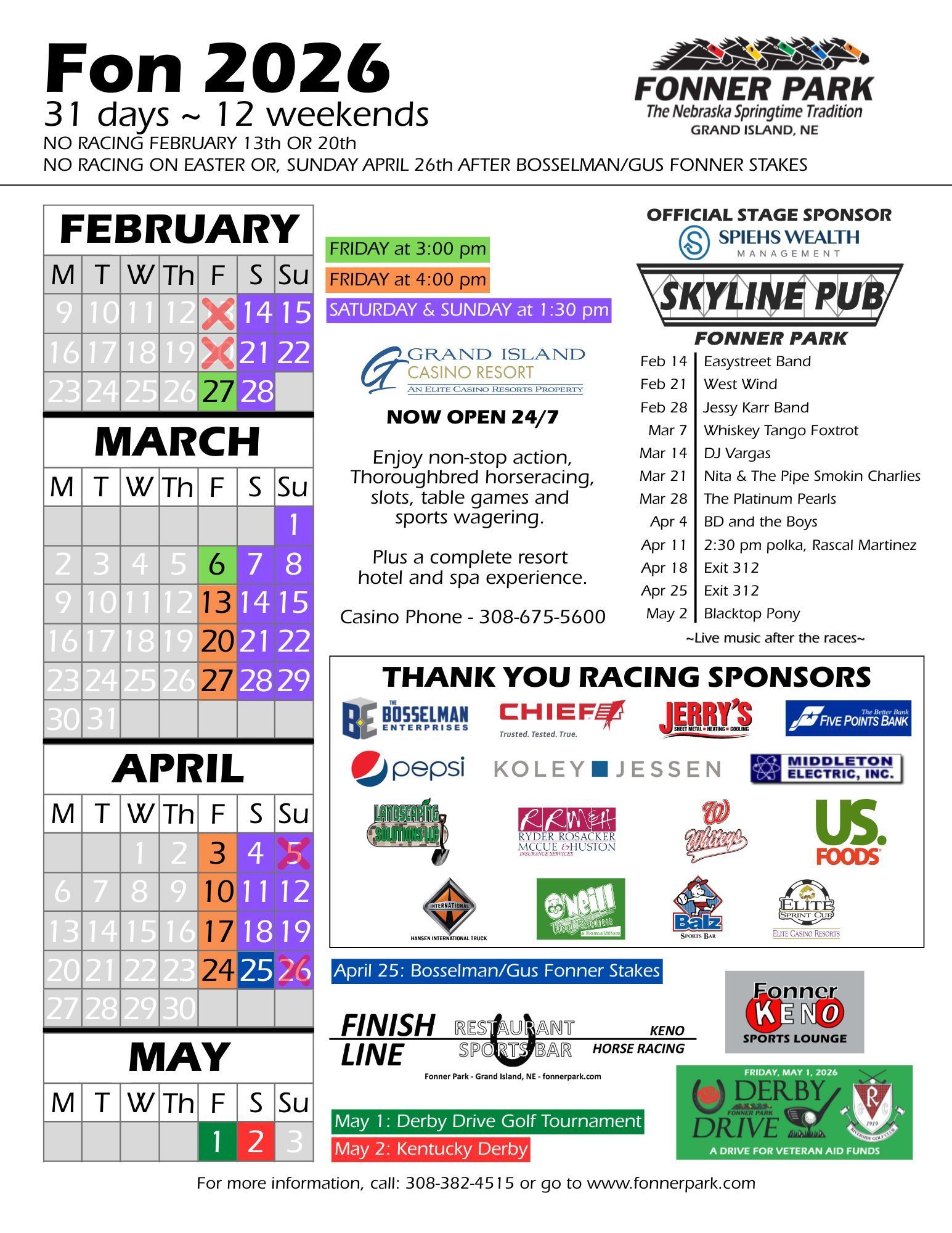 A calendar for fonner park for the year 2025