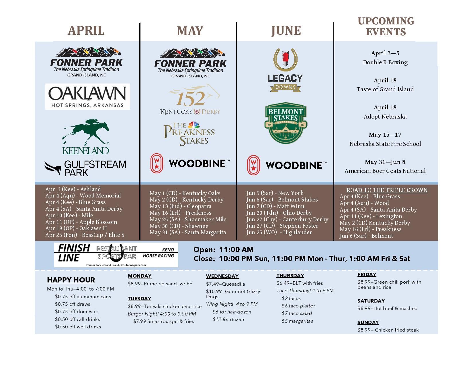 A flyer for fonner park oaklawn shows upcoming events for february march and april