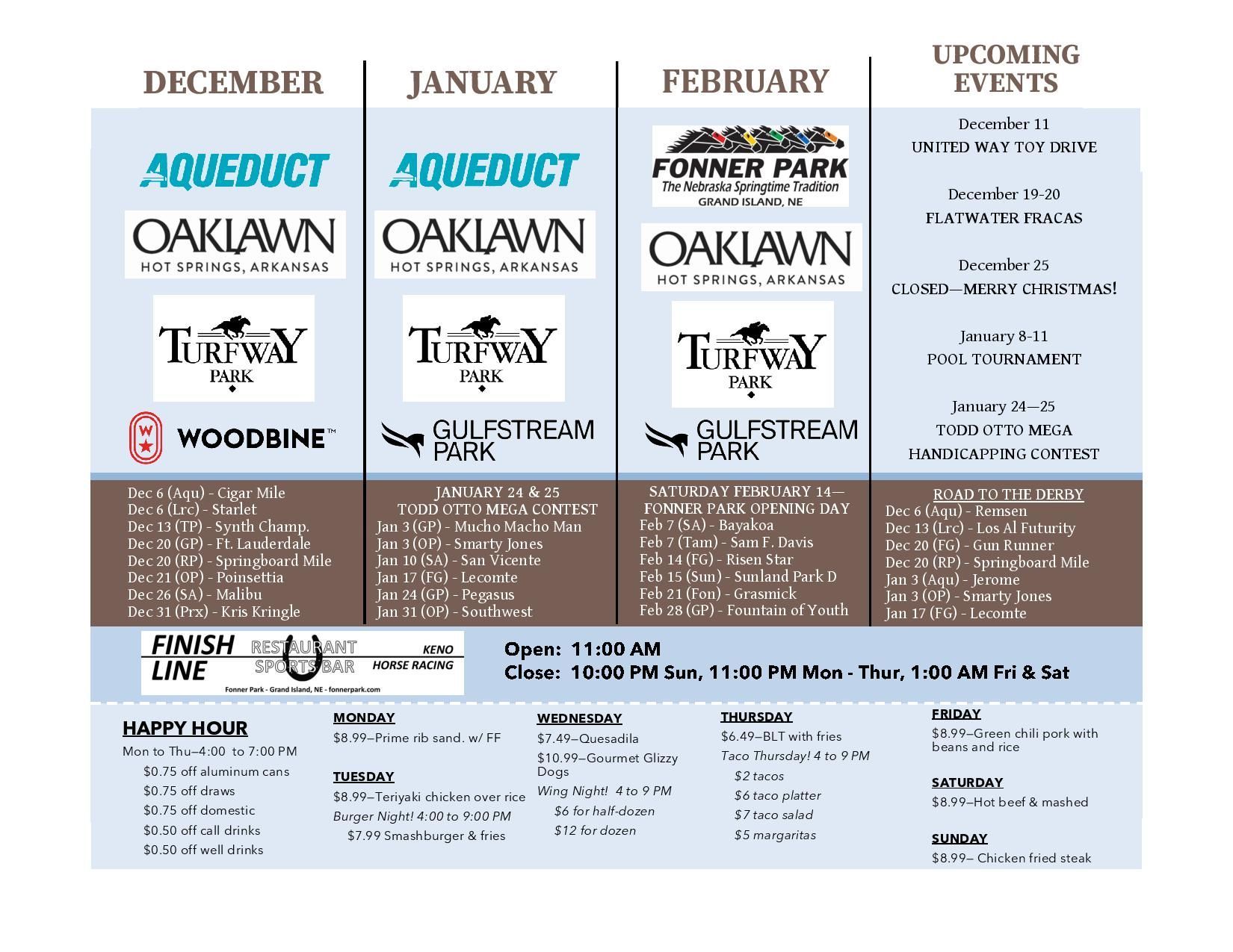 A flyer for fonner park oaklawn shows upcoming events for february march and april