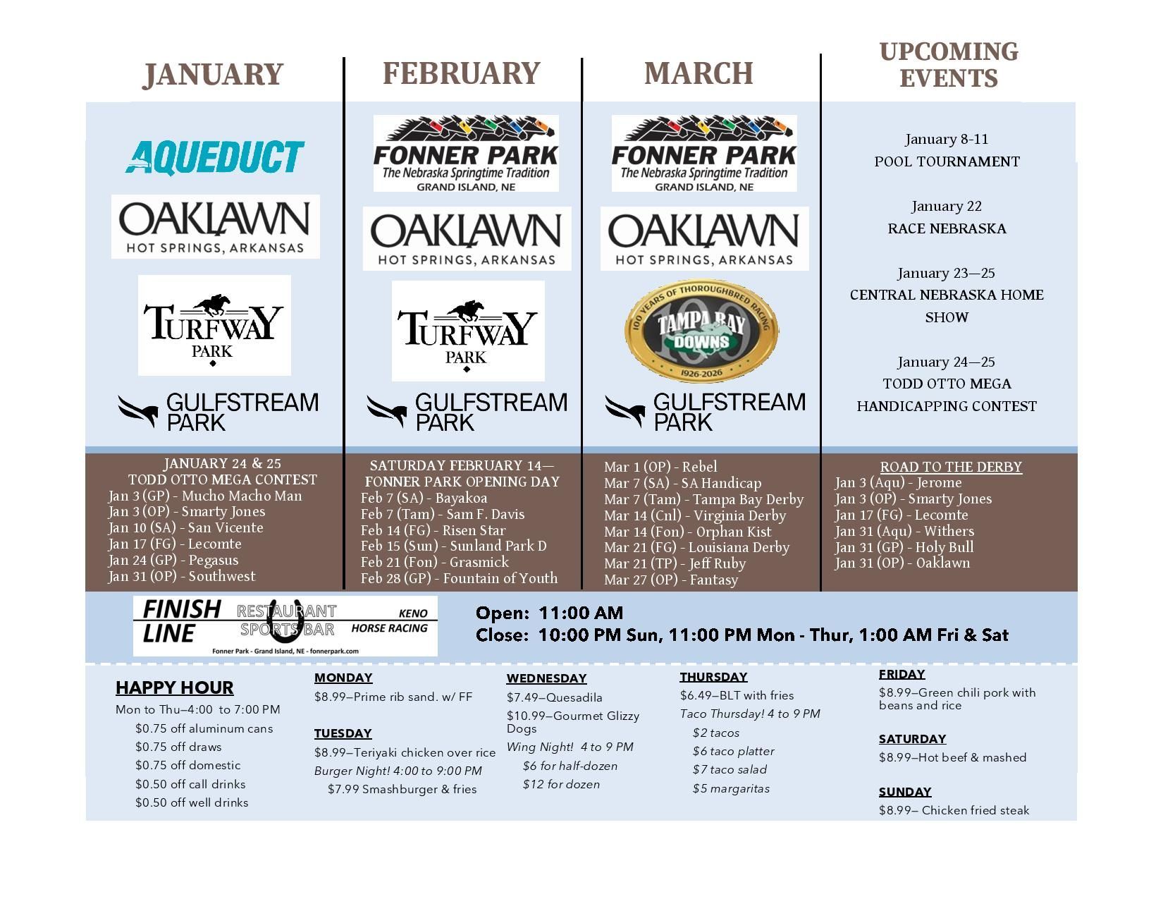 A flyer for fonner park oaklawn shows upcoming events for february march and april