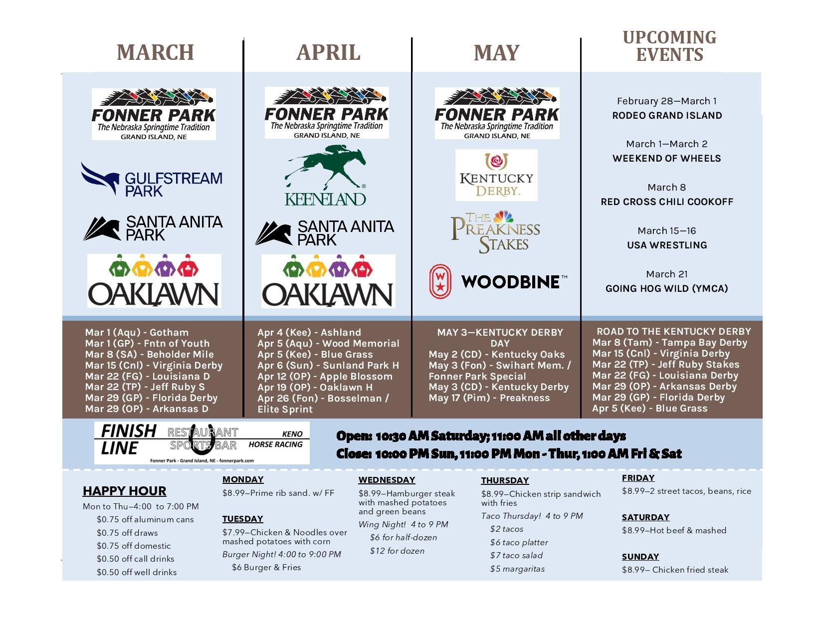 A flyer for fonner park oaklawn shows upcoming events for february march and april