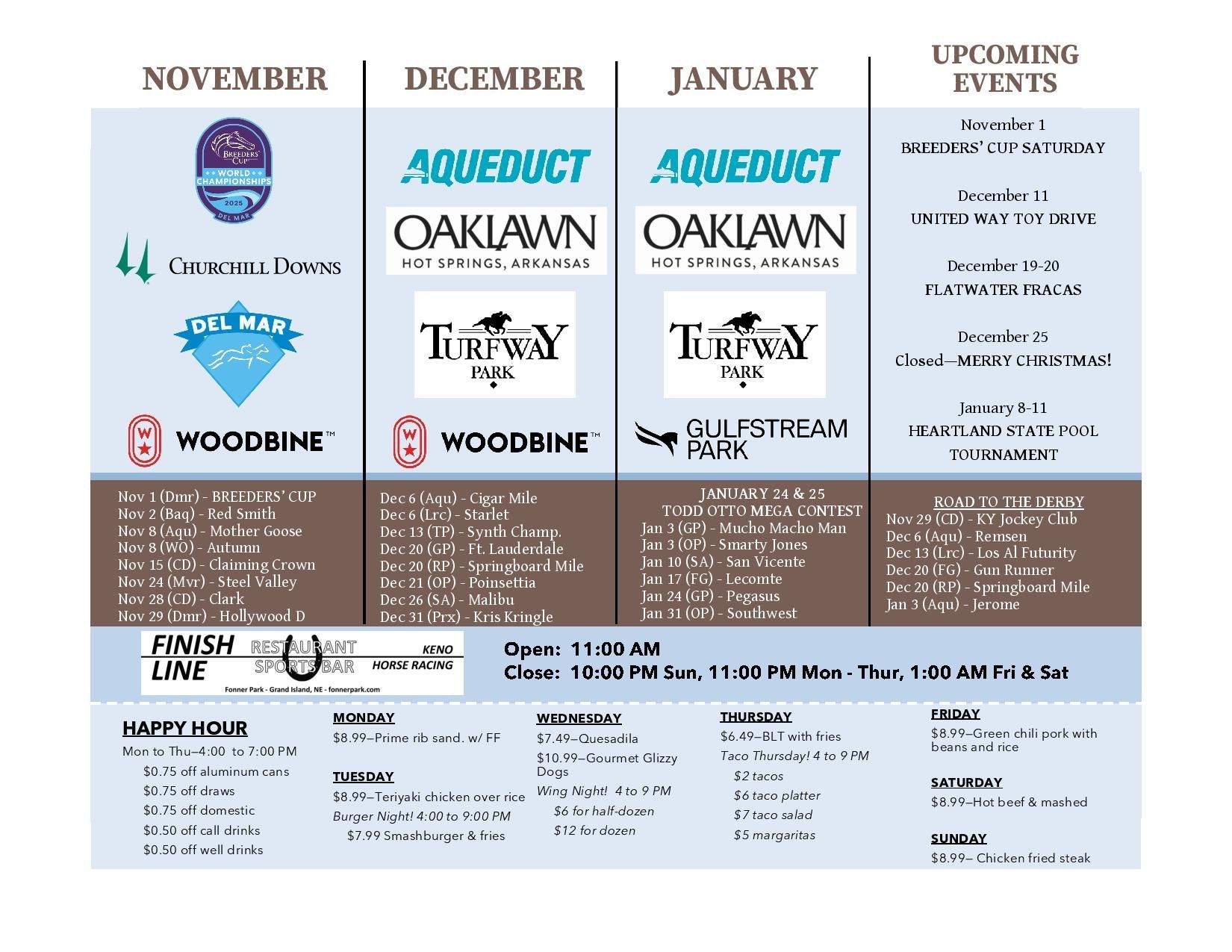 A flyer for fonner park oaklawn shows upcoming events for february march and april