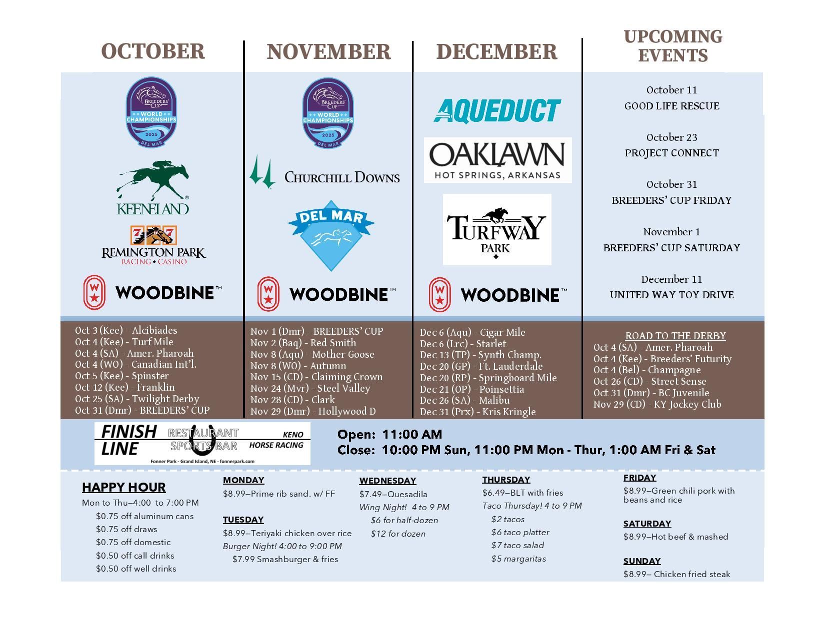 A flyer for fonner park oaklawn shows upcoming events for february march and april