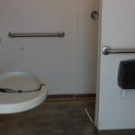 A bathroom with a toilet , sink , and handrails.