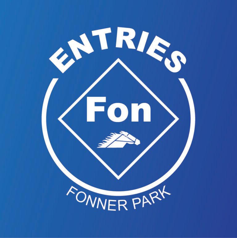 A blue and white logo for entries fonner park