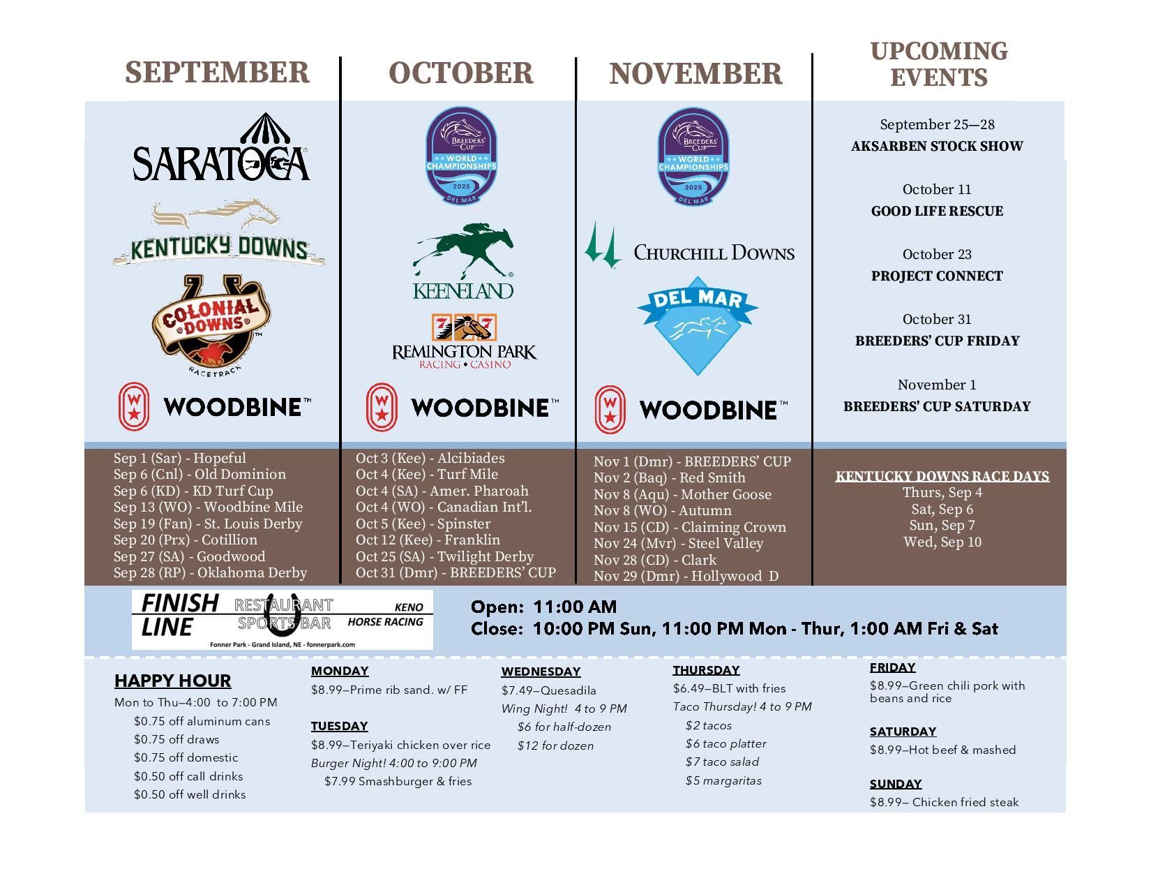 A flyer for fonner park oaklawn shows upcoming events for february march and april