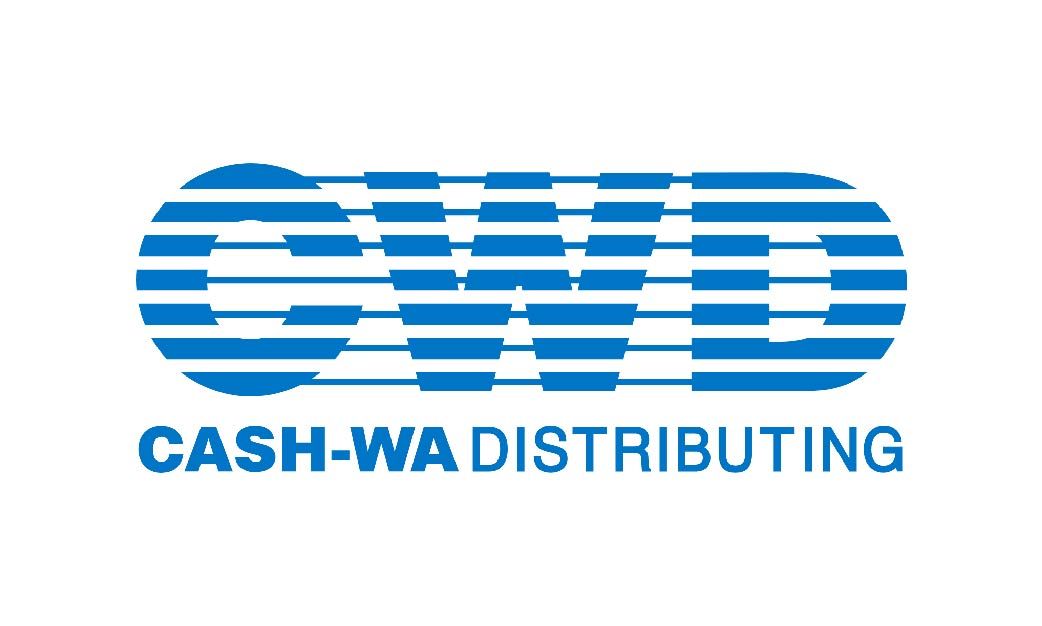 A blue and white logo for cash-wa distributing