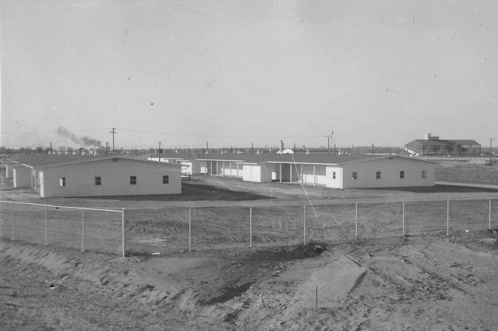 A black and white photo of a fenced in area with houses in the background