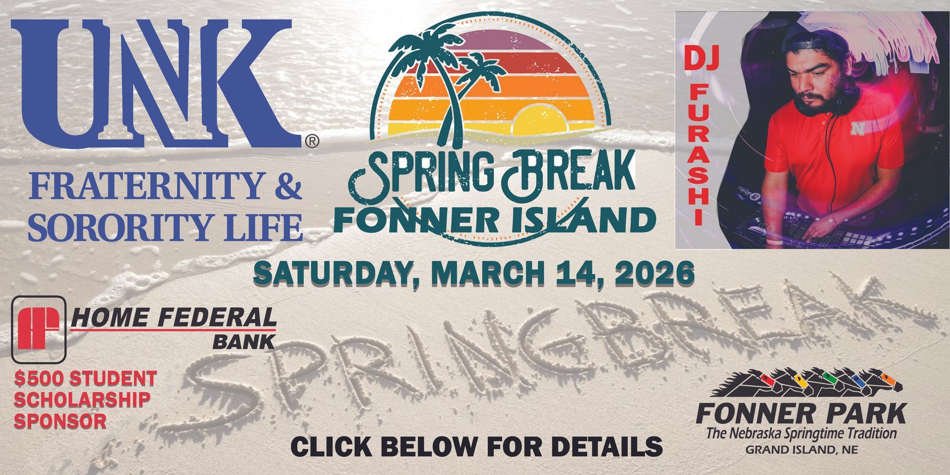 Spring Break Fonner Island event flyer with DJ Furashi.