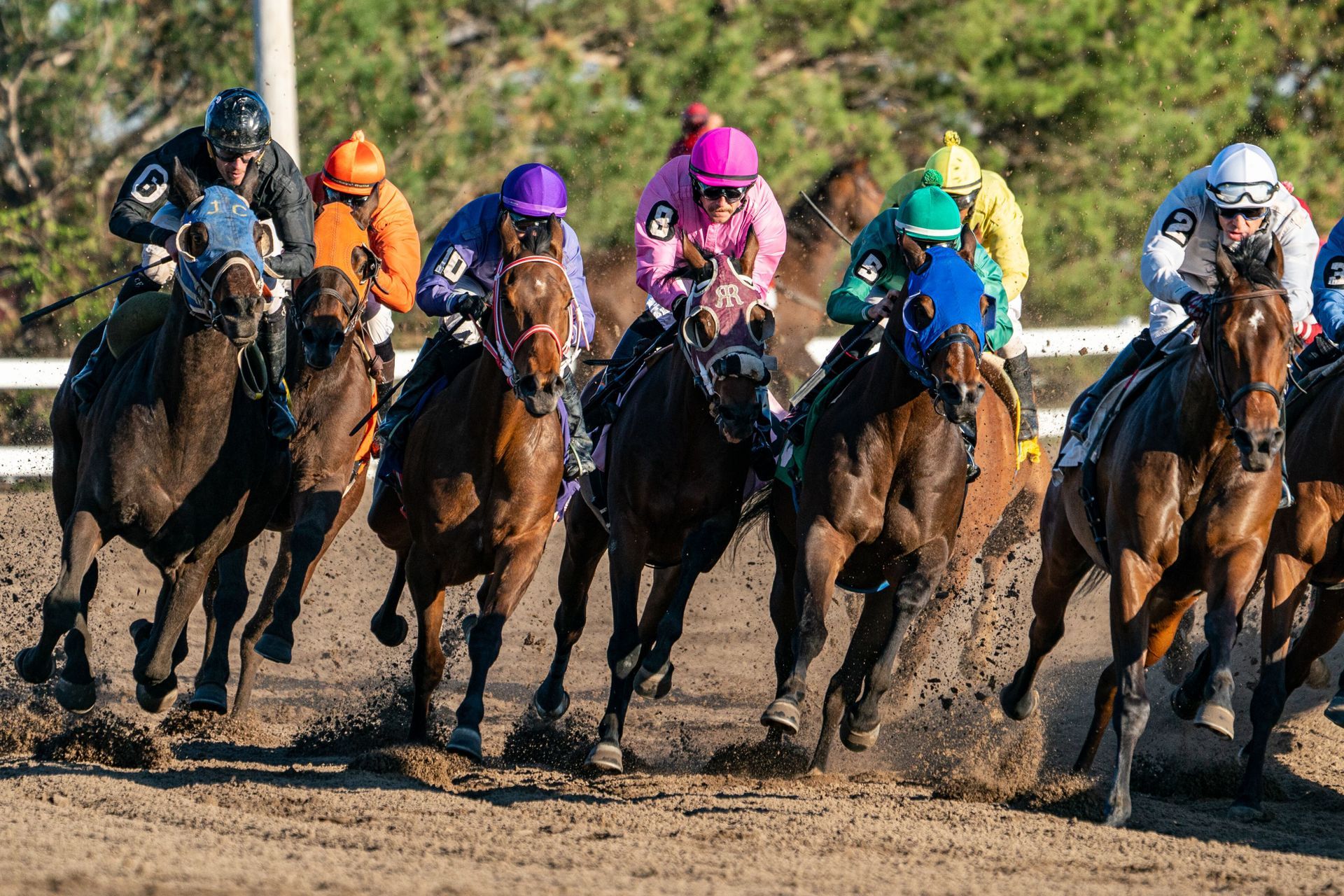 A group of jockeys are riding horses on a dirt track.