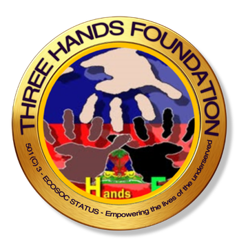 Three Hands Foundation logo with colorful hands and globe, circular gold border, black text.