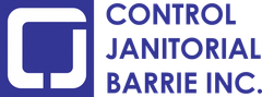 a blue and white logo for control janitorial barrie inc.