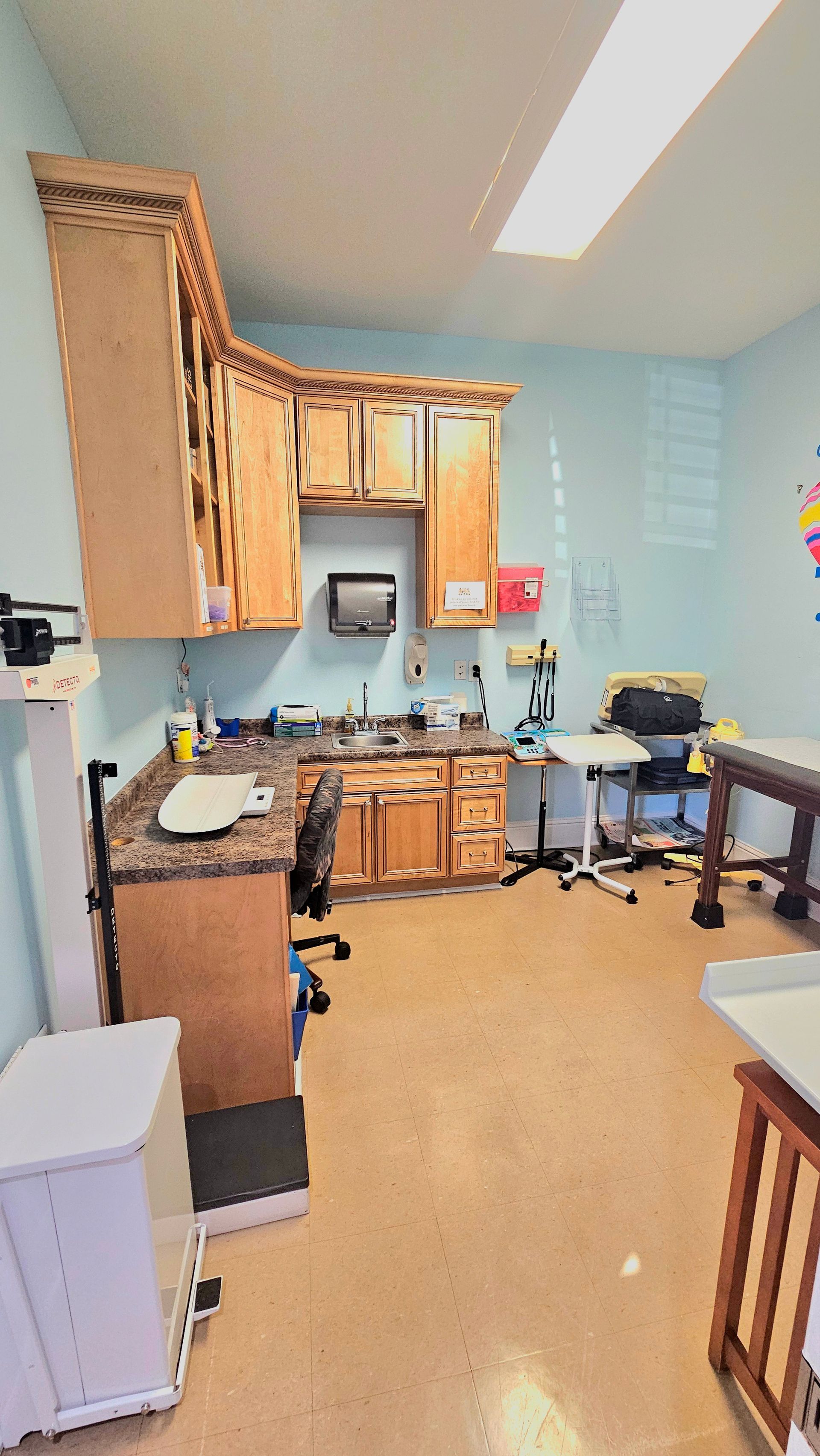 Veterinary exam room. Wooden cabinets, counters, and tables. Light blue walls, tan floor. White scale, and medical equipment.