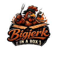 Angry cartoon chicken in box, holding fork, surrounded by flames, "Big Jerk in a Box BBQ" logo.