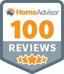 A home advisor 100 reviews badge with three stars on it.