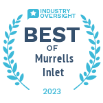 A blue laurel wreath with the words `` best of murrells inlet '' written on it.