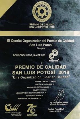 A certificate that says premio de calidad san luis potosi 2018