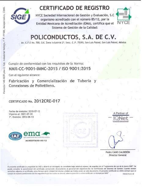 Un certificado de registro de policonductos sa de cv