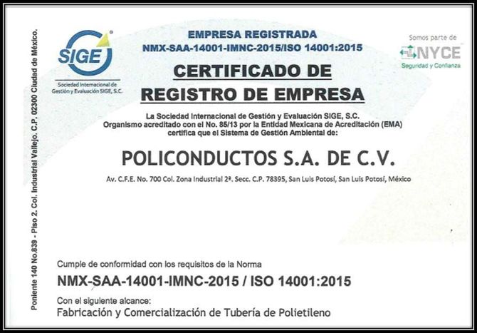 A certificate of registro de empresa for policonductoros s.a. de c.v.