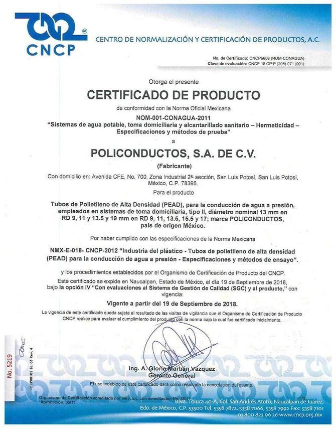 Un certificado de producto de CNCP está sobre un fondo blanco.