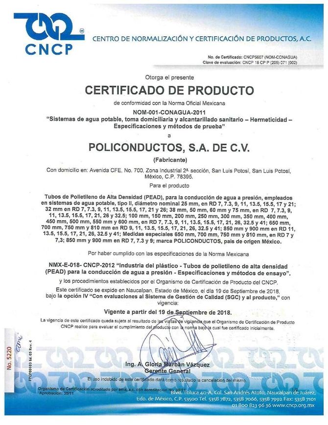 Un certificado de producto de CNCP está sobre un fondo blanco.