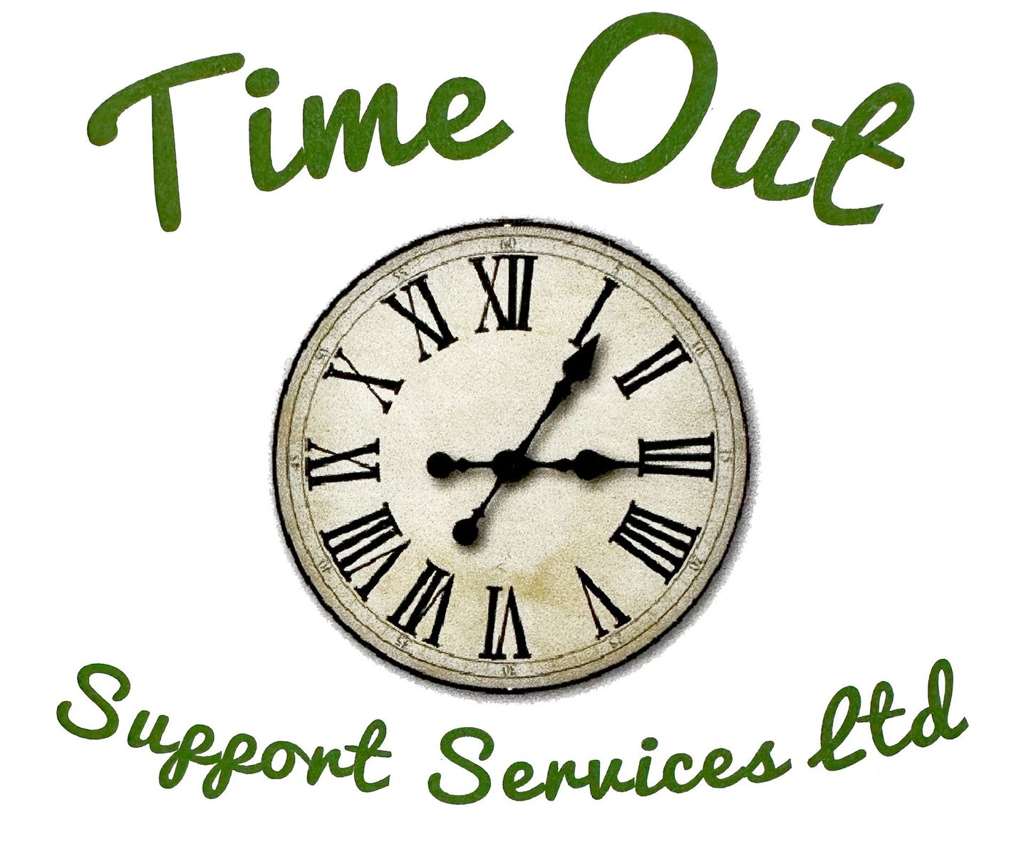 A clock with roman numerals and the words time out support services ltd