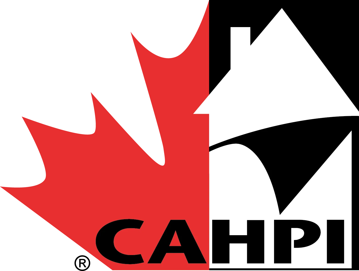 Logo CAHPI avec une feuille d'érable rouge et un contour de maison noir et blanc.