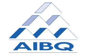 Logo AIBQ bleu et blanc avec un design de toit stylisé.