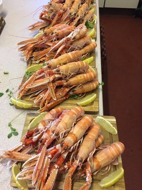 A row of shrimp on cutting boards with lemon wedges