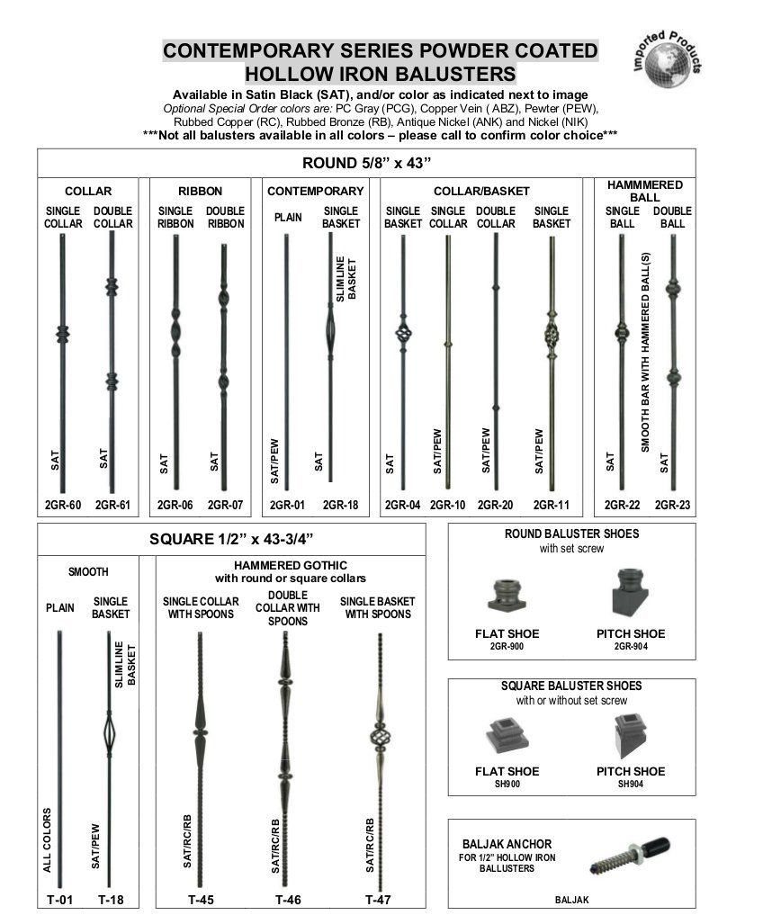 A brochure for contemporary series powder coated hollow iron balusters