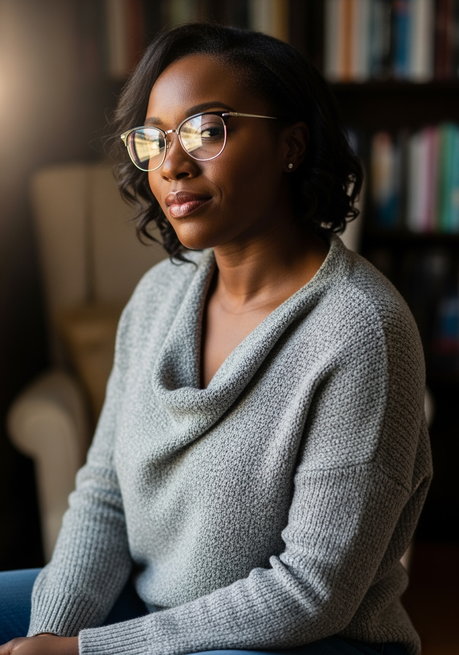 Woman in glasses, gray sweater, seated. Bookshelf background, soft lighting.