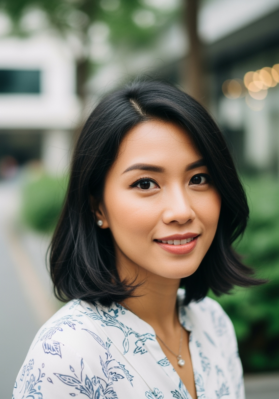 Woman with short black hair smiling, wearing a white floral shirt, outdoors.